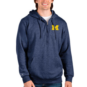 Men's Antigua Heathered Navy Michigan Wolverines Action Quarter-Zip Pullover Hoodie