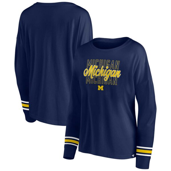 Women's Fanatics Branded Navy Michigan Wolverines Triple Script Long Sleeve T-Shirt