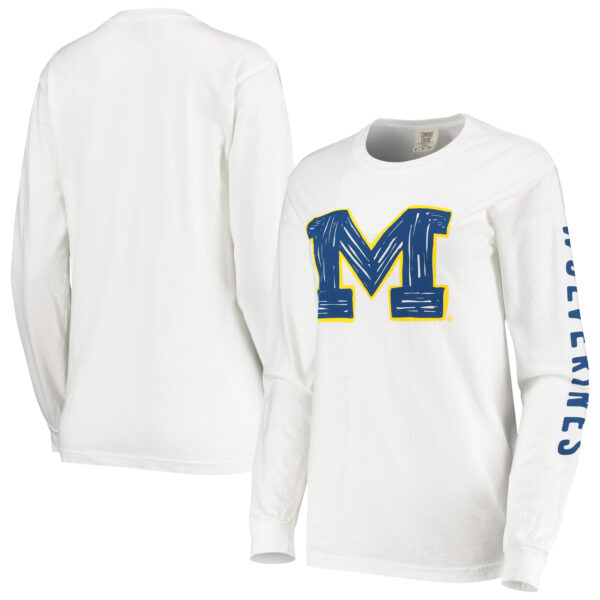 Women's White Michigan Wolverines Drawn Logo Oversized Long Sleeve T-Shirt